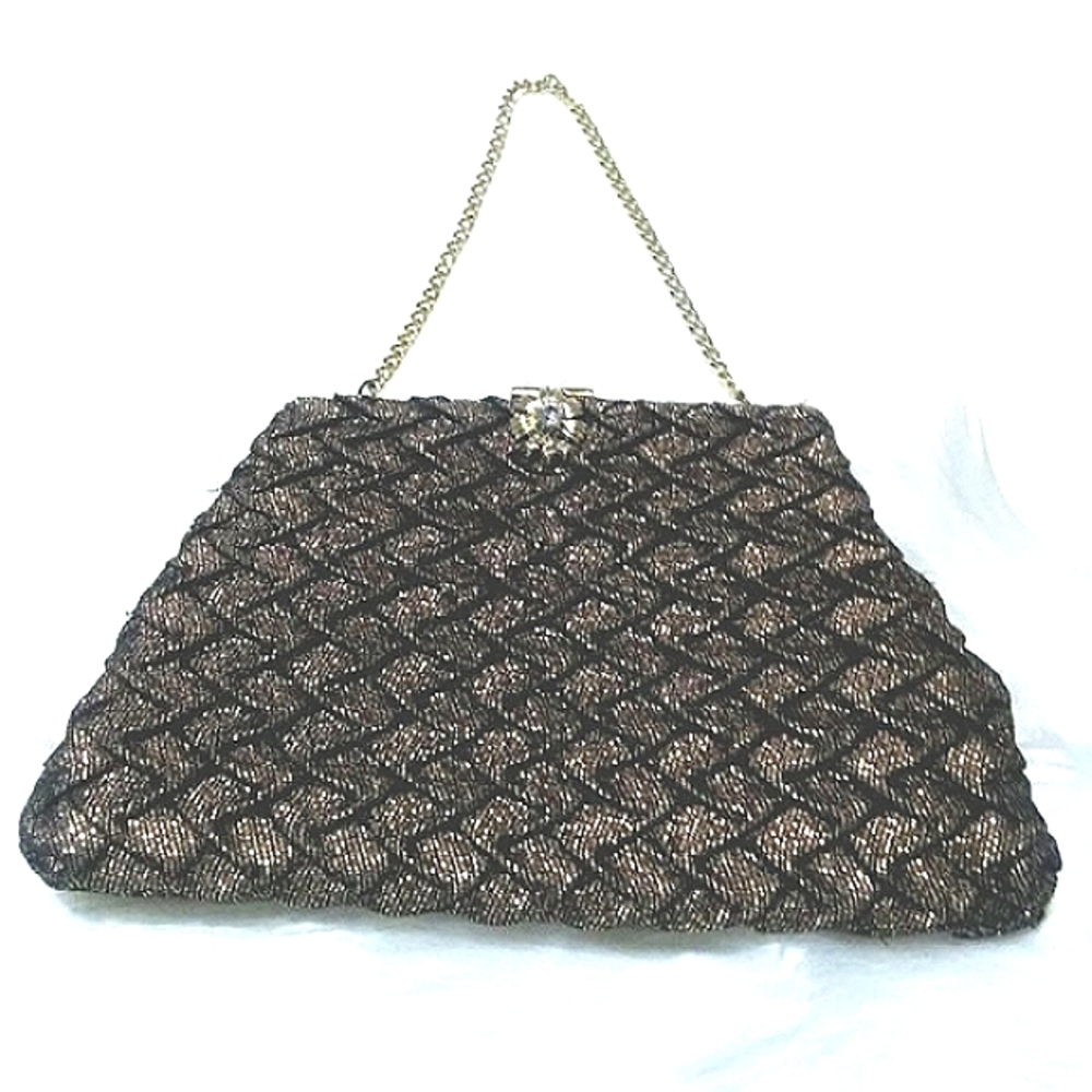 VINTAGE CFR ENGLAND BLACK & GOLD LAME PURSE RETRO STYLISH ACCESSORY LIGHTWEIGHT